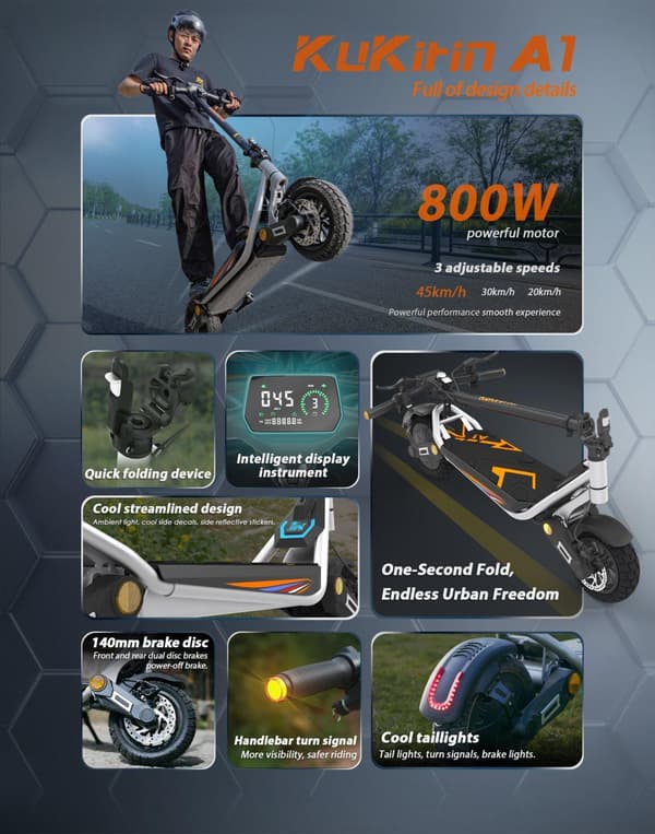 KuKirin A1 10 '' elektrisk scooter, 800W motor, 48V13Ah batteri, tophastighed op til 45 km/t, 10 '' slangeløse dæk
