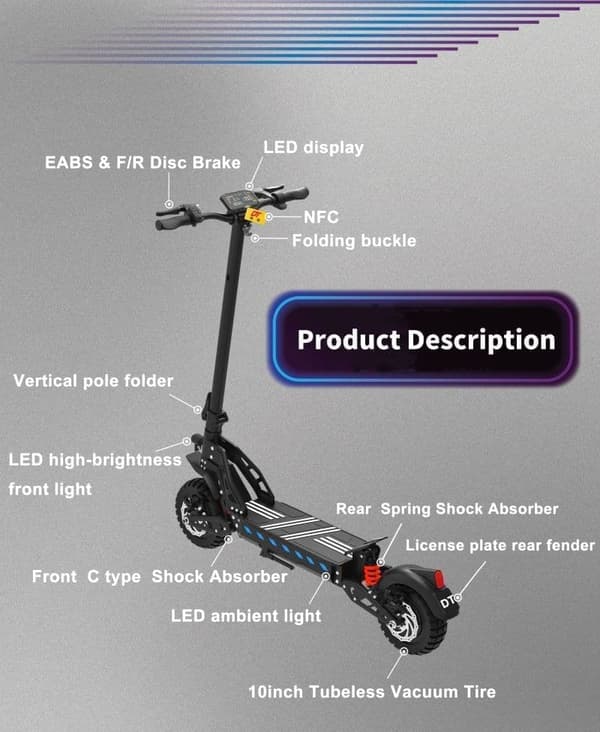 DriveTron DT10 48V 15.6Ah elektrisk scooter – 50 km/t hastighed, 55 km rækkevidde, 1400W motor, NFC-start