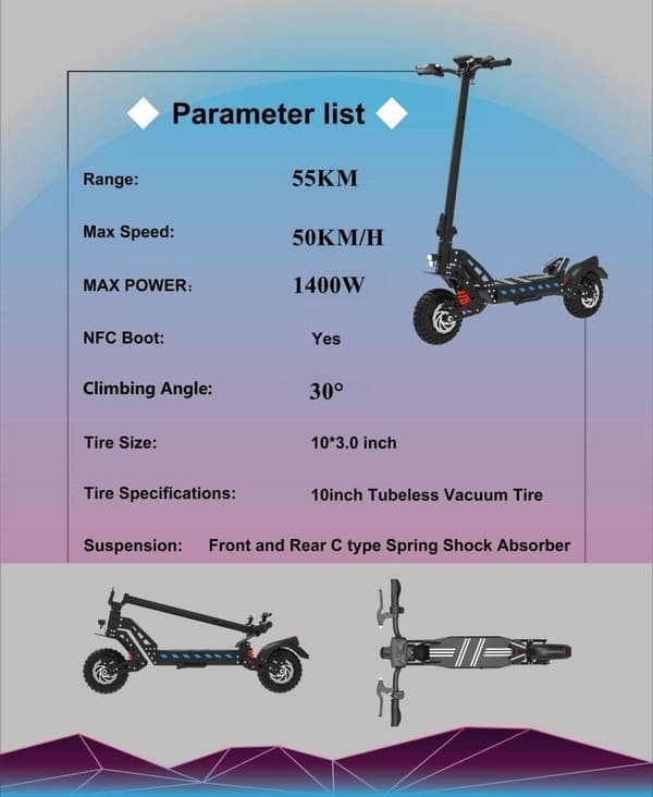 DriveTron DT10 48V 15.6Ah elektrisk scooter – 50 km/t hastighed, 55 km rækkevidde, 1400W motor, NFC-start