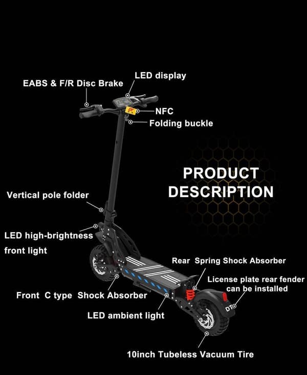 DriveTron DT10 48V 20.8Ah Dual Drive sähköskootteri – 60 km/h, 70 km:n kantama, 30° mäkikiipeilykyky, 10*3.0 tuuman tyhjiörengas