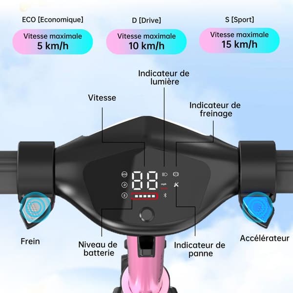 Fällbar elektrisk sparkcykel för barn 6-12 år - RCB R12 - Digital skärm - färgglada neons - Jättebra present rosa