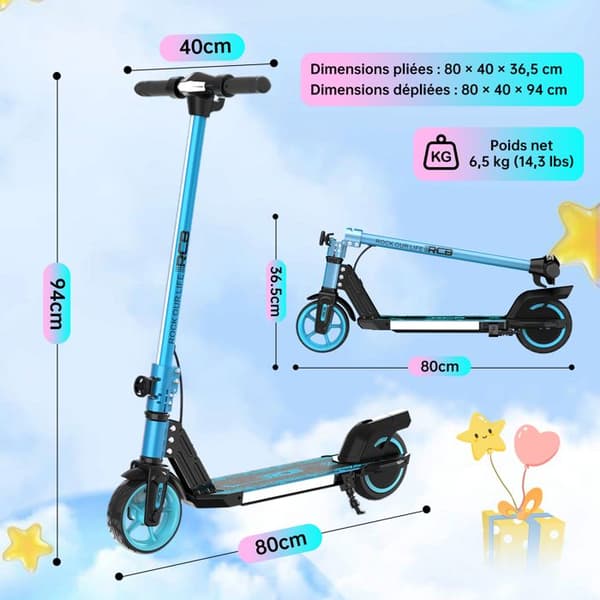 Fällbar elektrisk sparkcykel för barn 6-12 år - RCB R12 - Digital skärm - färgglada neonljus - Superpresent Blå