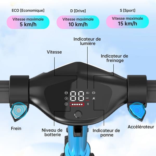 Fällbar elektrisk sparkcykel för barn 6-12 år - RCB R12 - Digital skärm - färgglada neonljus - Superpresent Blå