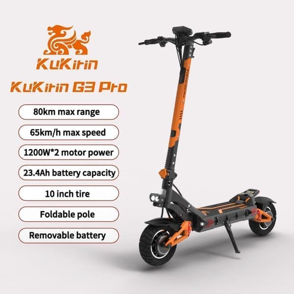 KuKirin G3 Pro elektrisk scooter, 1200w*2 dobbeltdrevsmotor, dobbelte opladningsporte, maks. hastighed 65 km/t, oliebremser foran og