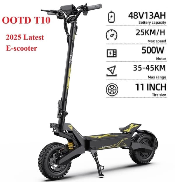 OOTD T10 2025 senaste hopfällbara elscootern 900W toppmotor 45KM räckvidd, 50km/h hastighet IP54 vattentät nivå
