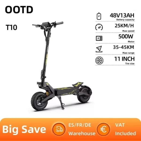OOTD T10 2025 uusin sähköskootteri 48V13AH akku, 11" maastorenkaat, huippunopeus 45km/h, levyjarrut