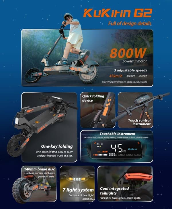 Kukirin G2 elektrisk scooter |48V / 15Ah 800W motor |45 km / t|Maks. rækkevidde 55 km|Skivebremser for og bag+Power-Off bremser|10" slangeløse dæk