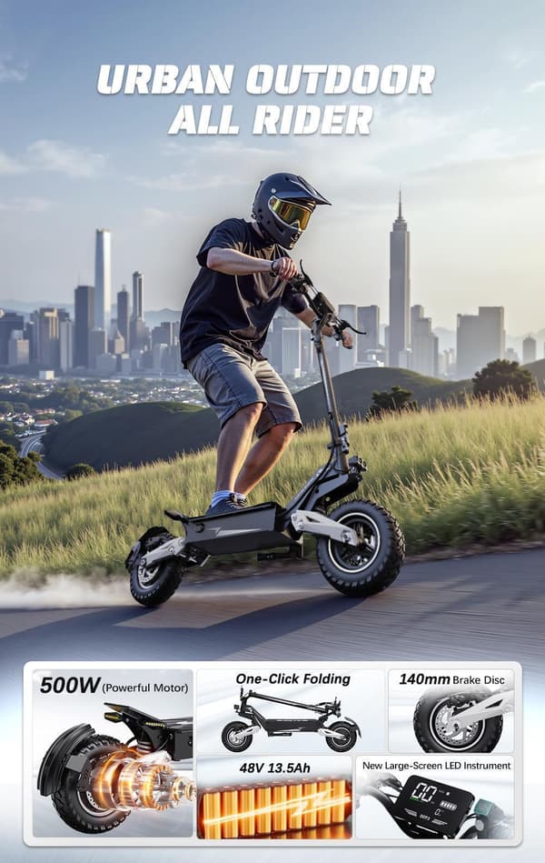 OOTD T10 foldbar elektrisk scooter 500W, 48V13.5AH batteri, 11" terrængående dæk, tophastighed 50 km, rækkevidde 35-45 km, skivebremser for og bag