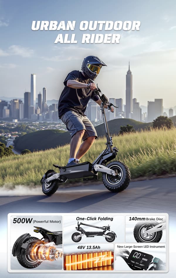 OOTD T10 elektrisk scooter, 500W motor, op til 50 km/t, 13,5AH batteri, udholdenhed på ca. 35-45 km, foldbar.