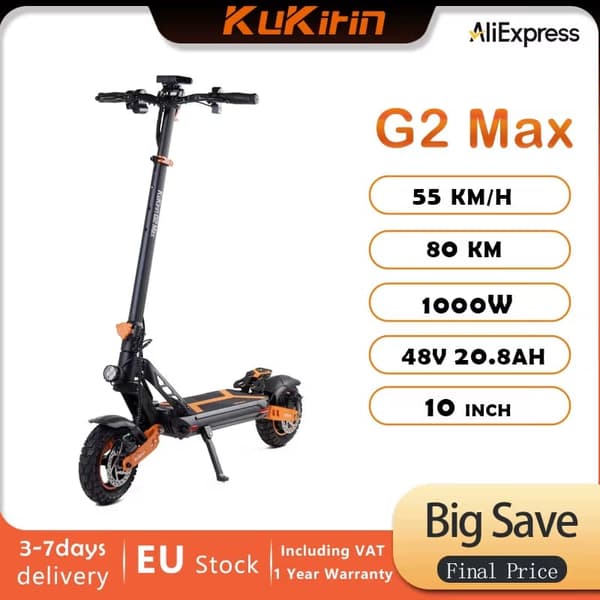 Kukirin G2MAX sähköskootteri | 48V/20Ah akku 1000W moottori | Huippunopeus 55km/h | Toimintasäde 70 km | 10" maastorenkaat