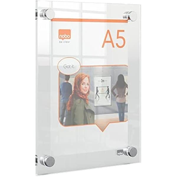 Porte-Affiche A5 - NOBO - Mural i Transparent Akryl - Fäste med Hörn - Porträtt/Landskap - Premium Plus
