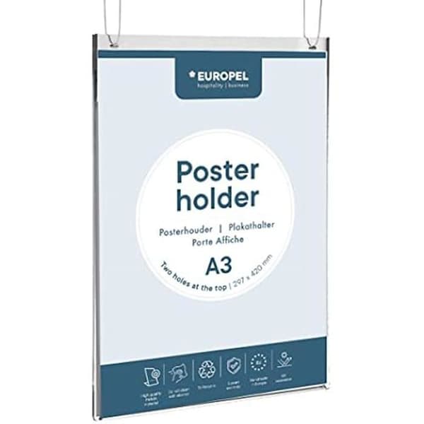 Hängande affischhållare - EUROPEL - A3 - Transparent akryl - 2 mm tjock - Premiumkvalitet