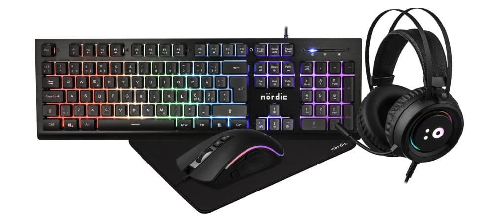 NÖRDIC KIT4, gamingkit 4-i-1, RGB-tangentbord, RGB-mus, RGB-headset, musmatta, svart