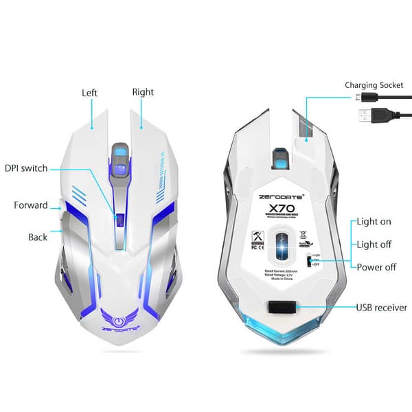 ZERODATE X70 Trådlös Gamingmus Lysande