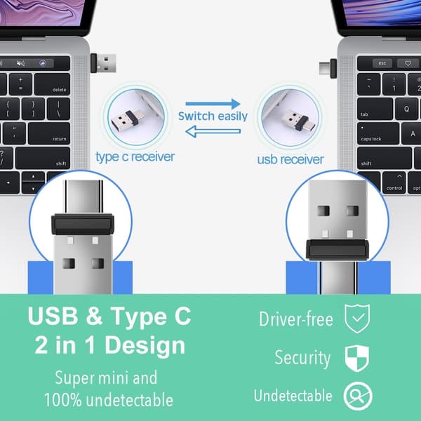 2 in 1 USB USB-C Mouse Jiggler Mouse Mover ilman ajureita pitää tietokoneen aktiivisena