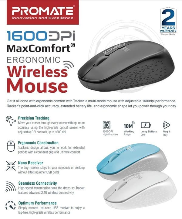 PROMATE TRACKER MaxComfort® Ergonomic Wireless Mouse
