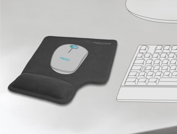 DeLOCK Ergonomic Mouse Pad with Gel Wrist Rest left-hander black, Black, Monochromatic, Rubber, Wrist rest, Non-slip base