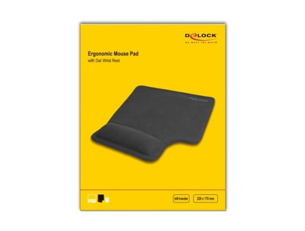 DeLOCK Ergonomic Mouse Pad with Gel Wrist Rest left-hander black, Black, Monochromatic, Rubber, Wrist rest, Non-slip base