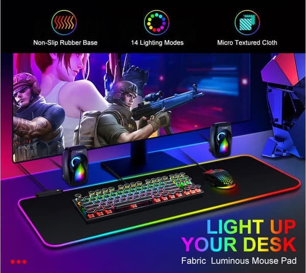 OBOSOE Gaming Musmatta med RGB LED-ljus – 80x30 cm, 14 Ljuslägen, Vattentät och Halkfri