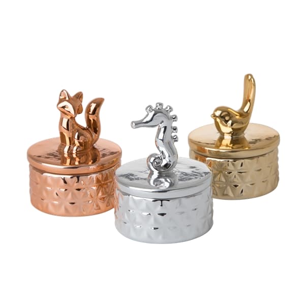 Porcelæns smykkebox i kobberfarvet med ræv på låg