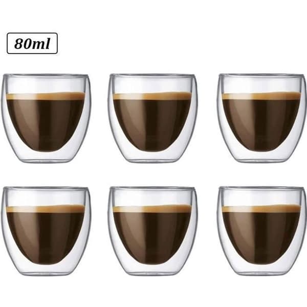Set med 6 kaffekoppar 80 ml - dubbelväggiga espressoglas för varmt te, espresso, dryck