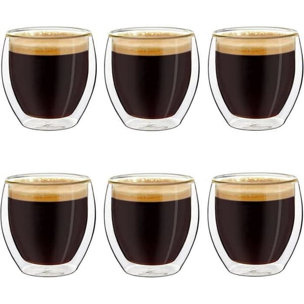 Set med 6 dubbelväggiga espressoglas, kaffekopp, termoglas med flytande effekt, espressoglas | 80 ml