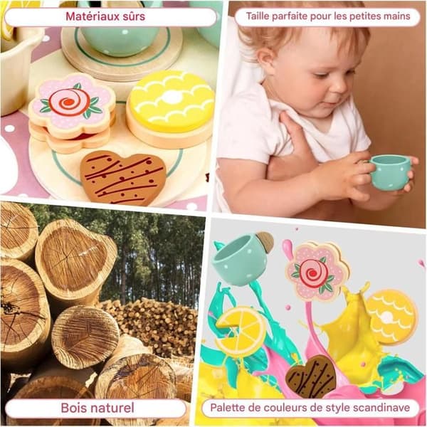 Te set, Tea Party rollspel, tekopp med fat, träte-set, köksaccessoarer för barn 3 4 5+ år
