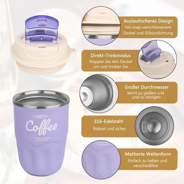 Isolerad mugg, kaffe mugg för on-the-go, 360 ml, rostfritt stål, kaffe to-go kopp, termosdesign