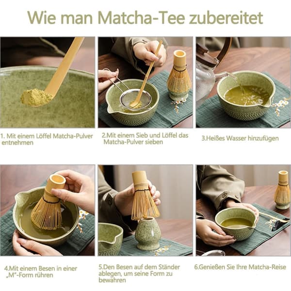 Keraaminen teeastiasto, joka sisältää matcha-kulhon, keittiöpyyhkeen ja matcha-vispilän, 7-osainen setti