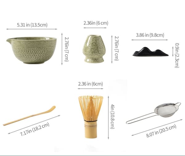 Keraaminen teeastiasto, joka sisältää matcha-kulhon, keittiöpyyhkeen ja matcha-vispilän, 7-osainen setti