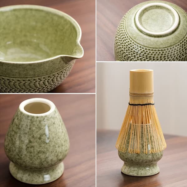 Keraaminen teeastiasto, joka sisältää matcha-kulhon, keittiöpyyhkeen ja matcha-vispilän, 7-osainen setti