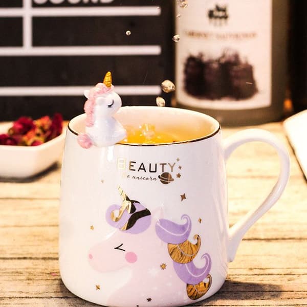 TD® Cute Girl Unicorn Keramiska Frukostmugg för par med skedlock