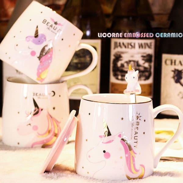 TD® Cute Girl Unicorn Keramiska Frukostmugg för par med skedlock