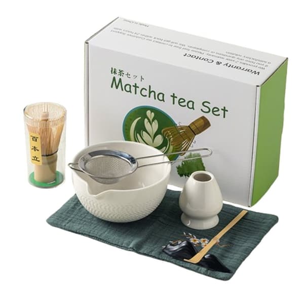 Matcha keramisk tesæt – 7-delt sæt med skål, piskeris og viskestykke til japansk teceremoni Hvid