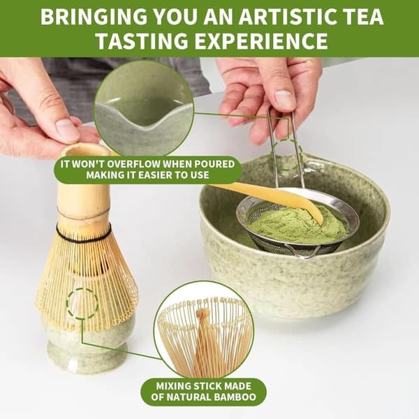 Keraaminen teeastiasto, joka sisältää matcha-kulhon, matcha-vispilateline ja tulitikkuvispilä, 5-osainen setti