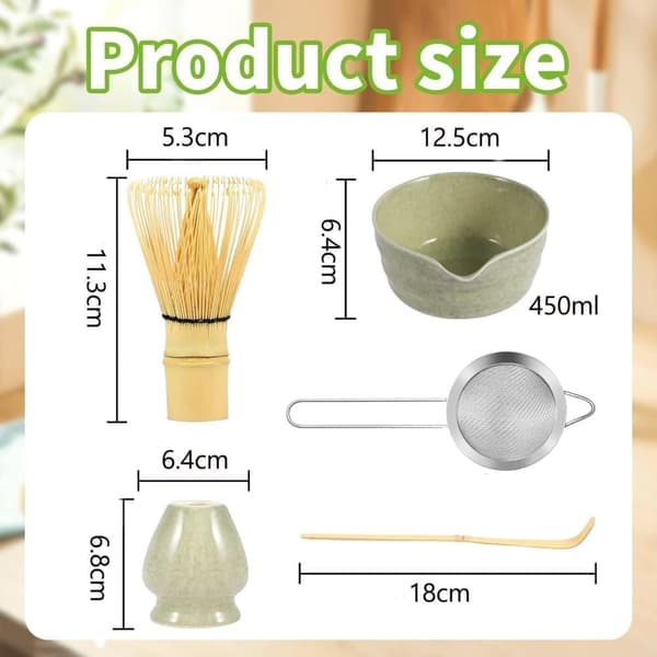 Keraaminen teeastiasto, joka sisältää matcha-kulhon, matcha-vispilateline ja tulitikkuvispilä, 5-osainen setti
