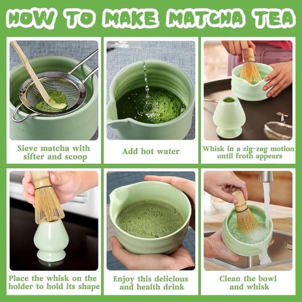 Keraaminen teeastiasto, joka sisältää matcha-kulhon, matcha-vispilateline ja tulitikkuvispilä, 5-osainen setti