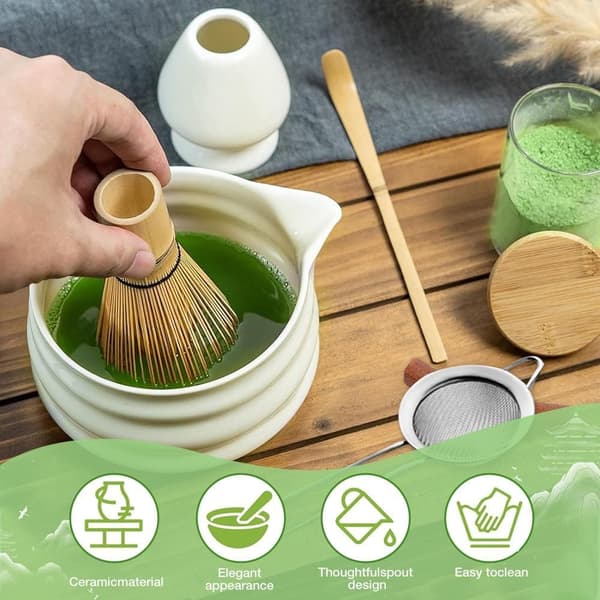 Keraaminen teeastiasto, joka sisältää matcha-kulhon, matcha-vispilateline ja tulitikkuvispilä, 5-osainen setti