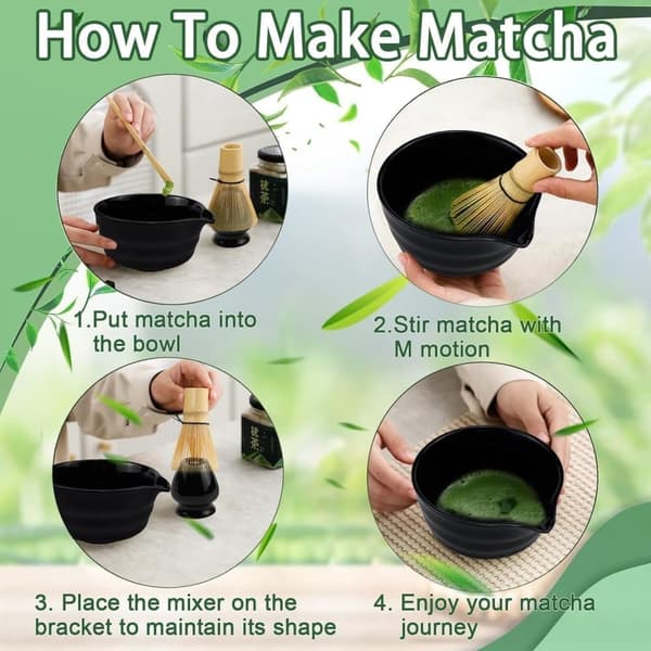 Keraaminen teeastiasto, joka sisältää matcha-kulhon, matcha-vispilateline ja tulitikkuvispilä, 5-osainen setti