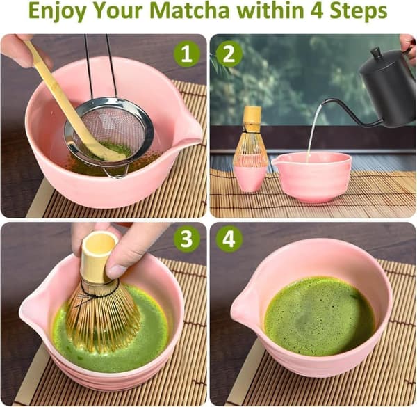 Keraaminen teeastiasto, joka sisältää matcha-kulhon, matcha-vispilateline ja tulitikkuvispilä, 5-osainen setti
