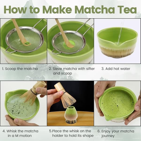 Keraaminen teeastiasto, joka sisältää matcha-kulhon, matcha-vispilateline ja tulitikkuvispilä, 5-osainen setti