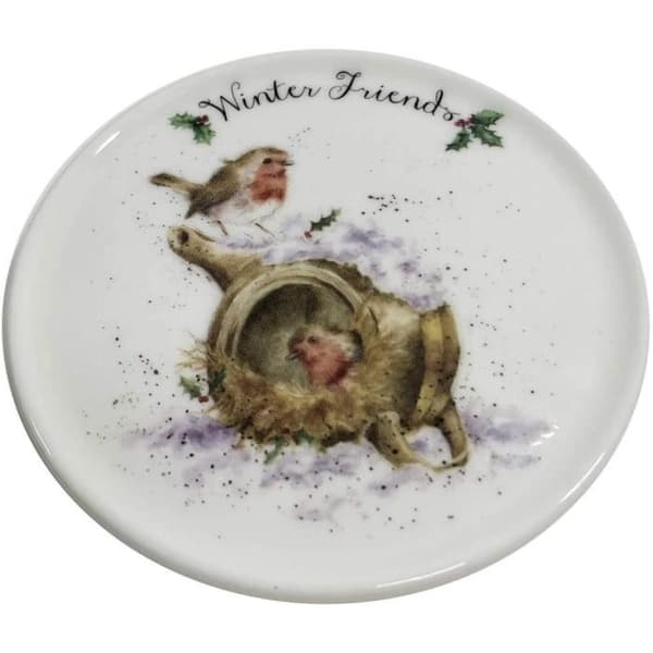Officiellt licensierad Wrendale Royal Worcester Christmas Donkey Robins Fine Bone China China Mugg Coaster Set