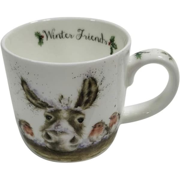 Officiellt licensierad Wrendale Royal Worcester Christmas Donkey Robins Fine Bone China China Mugg Coaster Set