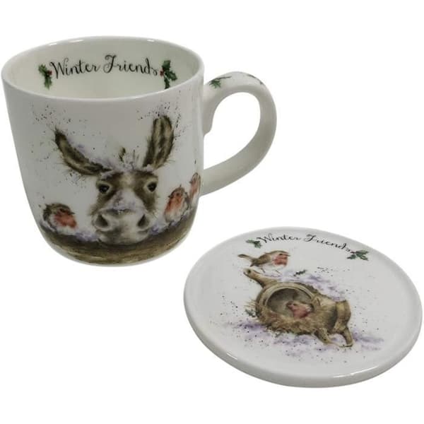 Officiellt licensierad Wrendale Royal Worcester Christmas Donkey Robins Fine Bone China China Mugg Coaster Set