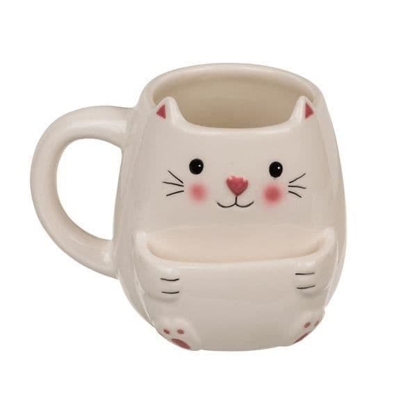 Mugg - Okänd märke - Kattmugg med fack - Vit - Cylindrisk - 400 mL