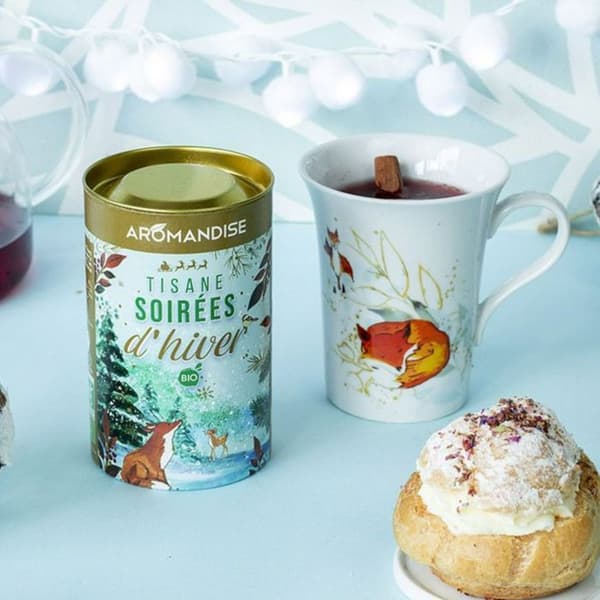 Blommig porslinstekanna 250 ml + Trio av festliga örtteer - Vinterkvällar, jul, apelsinkanel