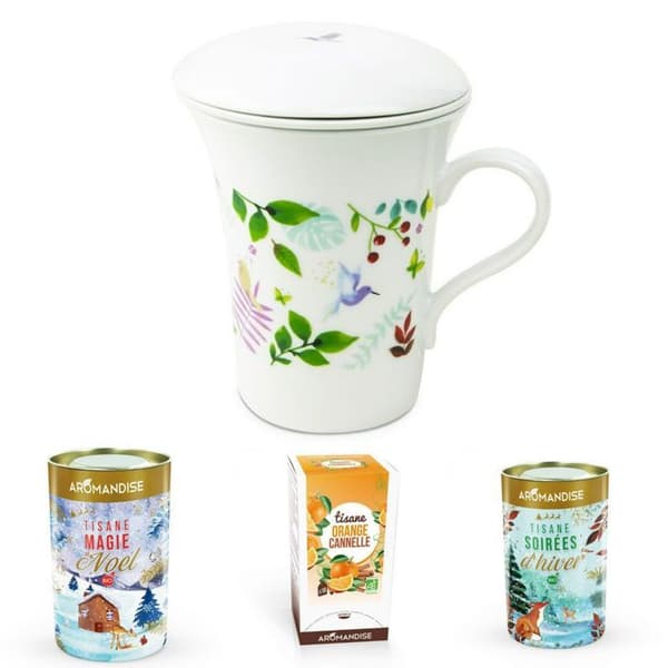 Blommig porslinstekanna 250 ml + Trio av festliga örtteer - Vinterkvällar, jul, apelsinkanel