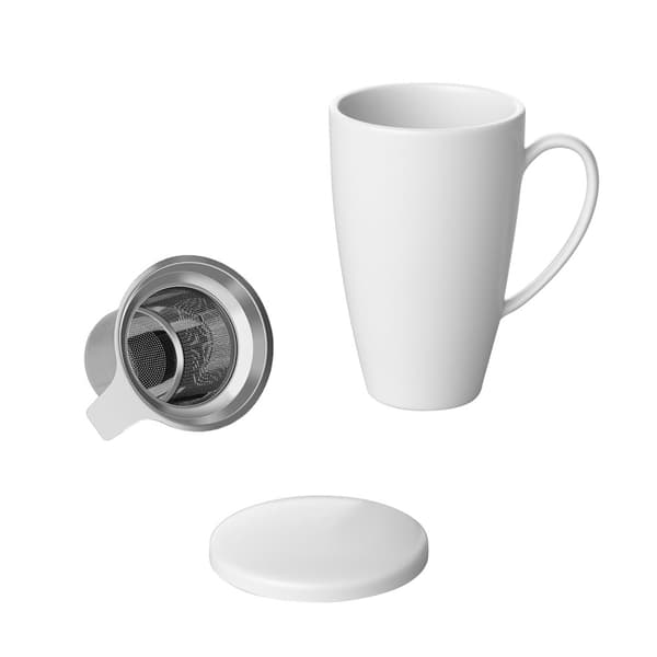 Porslinskaffekopp kaffekanna tekopp te-mugg med lock och teinfusor 350 ml För utsökt kaffe och te när du vill Vit
