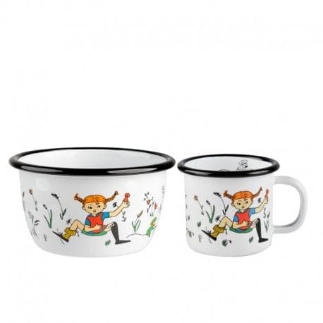 Set emalj mugg och skål Pippi och herr Nilsson