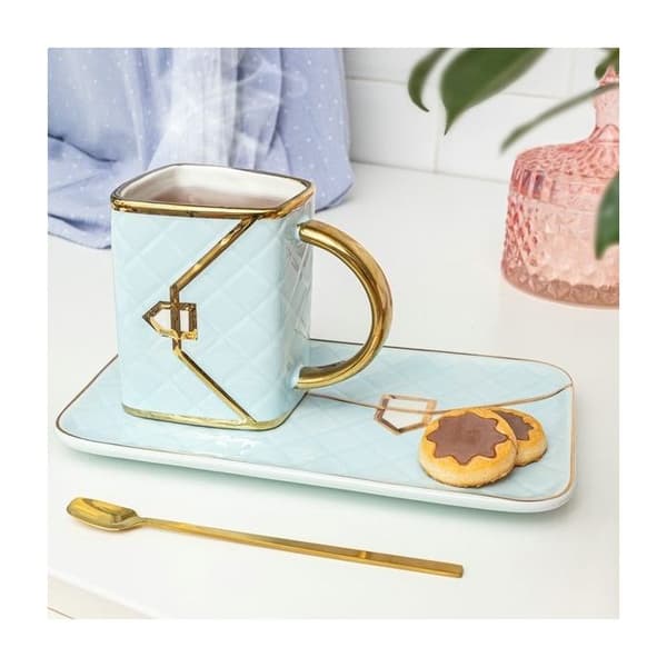 Mugg med tallrik och sked - Elegans - Blå och guld - Kuddväska - 300 ml - Chic